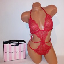 Victoria Secret Lingerie Teddy One Piece Bodysuit XL Solid Red Eyelash Lace New