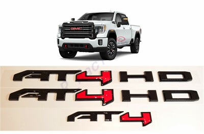 3PCS NEW Gloss Black Red AT4 HD Emblems Kit Fit GMC Canyon Sierra 2500HD 3500HD