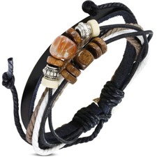 Multi-Wrap Leather Rope Beaded Wristband Adjustable Bracelet, 10"