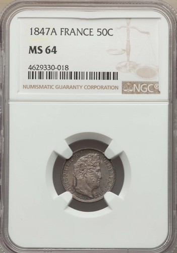 FRANCE LOUIS PHILIPPE 1847-A  50 CENTIMES COIN, UNCIRCULATED CERTIFIED NGC MS-64