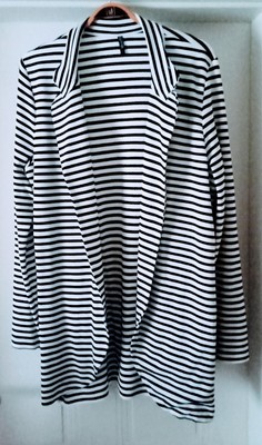   DAMEN CARDIGAN JACKE 40-42 L RINGEL STREIFEN SCHWARZ WEISS LANGE STRICKJACKE