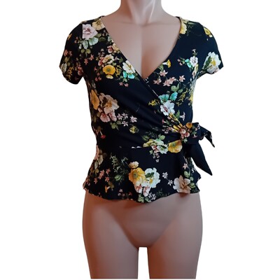 Women's Rebel Sugar V Neck Peplum Wrap Top Floral Foing Out Spring Bow  Small