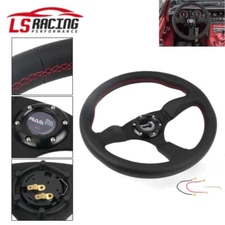 Genuine Leather 350mm 14inch Deep Dish Steering Wheel 6 Bolt w/ Horn Button