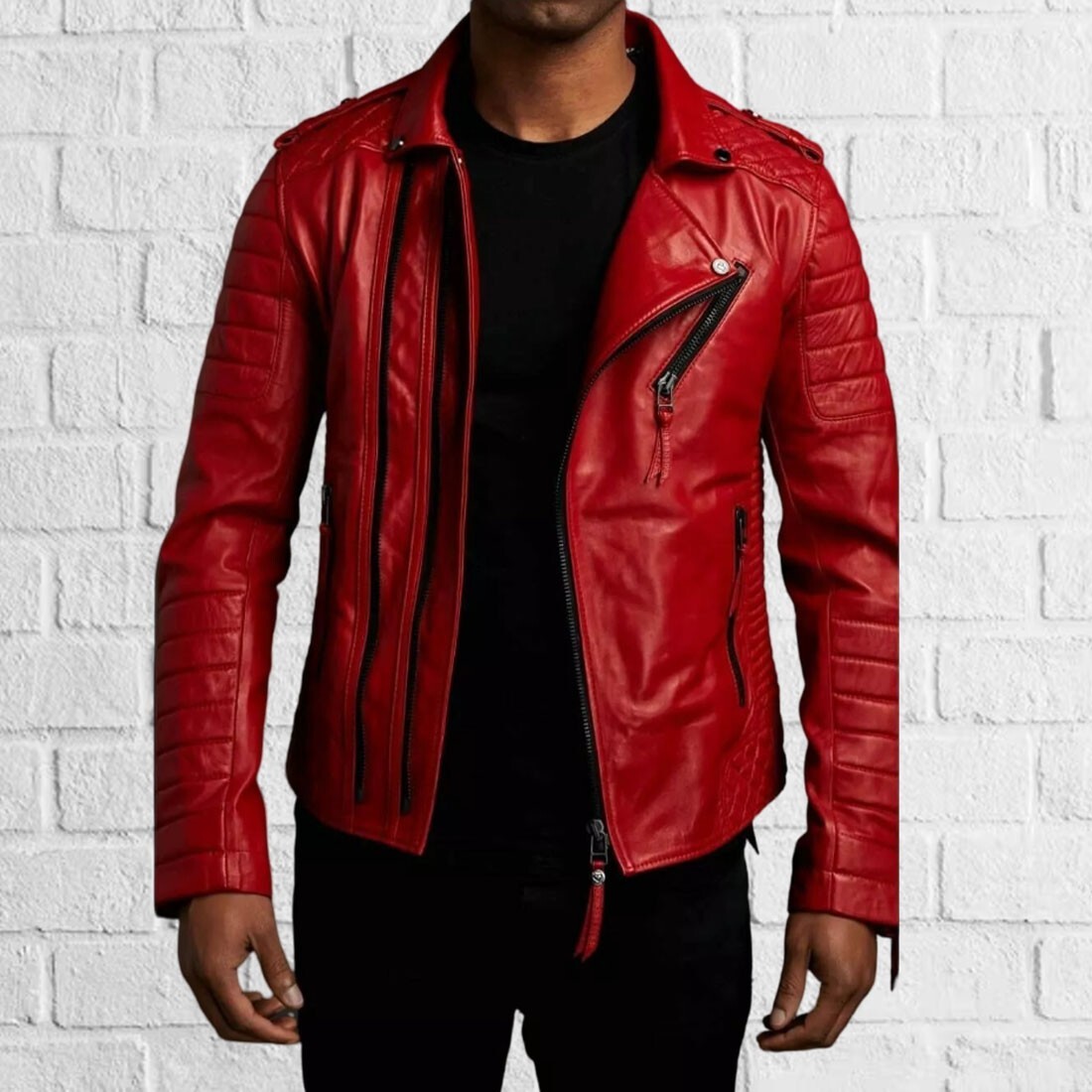 New Men's Genuine Red Lambskin Leather Slim Fit Biker Motorcycle Jacket For Men