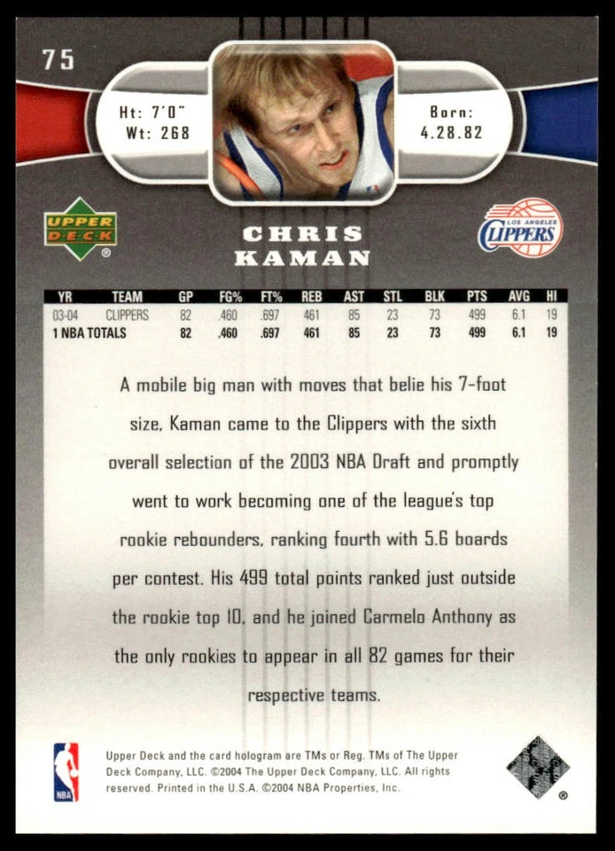 2004-05 Upper Deck #75 Chris Kaman UD Immaculate - Image 2 of 2