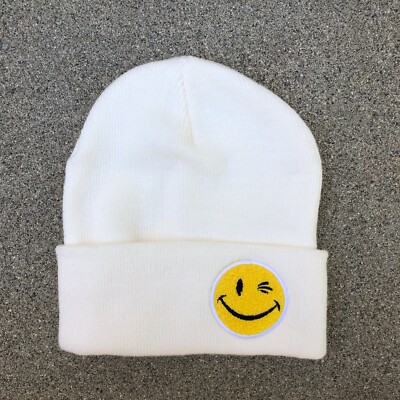 Smiley Face Knit Stocking Cap Hat Ivory Smiley Face Knit Stocking Cap Hat Ivory main image 2