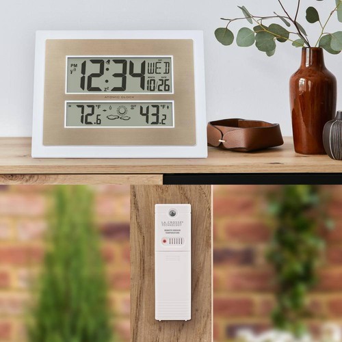 Atomic Digital Clock Temperature Sensor Forecast White/ Champagne Time Alarm - Picture 7 of 8
