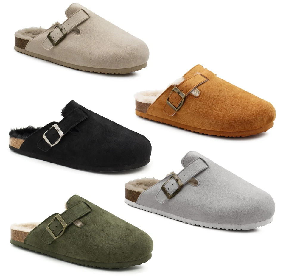 IMTY Womens Winter Slippers Faux Fur Lined Suede Clogs Slip On Adjustable Buckle Shoe