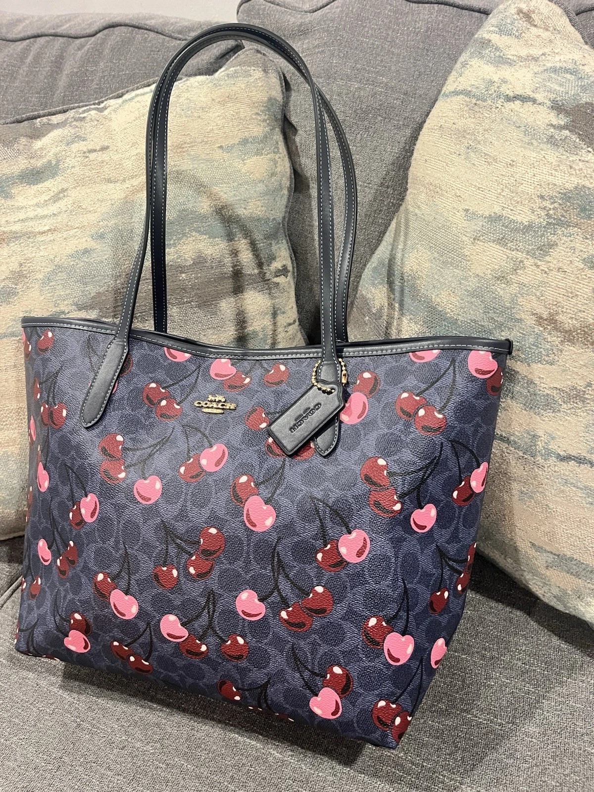 Borsa tote Coach Cy691 City nuova con etichette firmata tela e pelle con stampa ciliegia denim