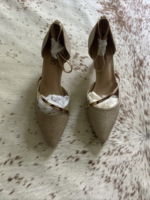 New Idifu Gold Shiny Maxine Kitten Heel Shoes Ankle Strap Size 7.5