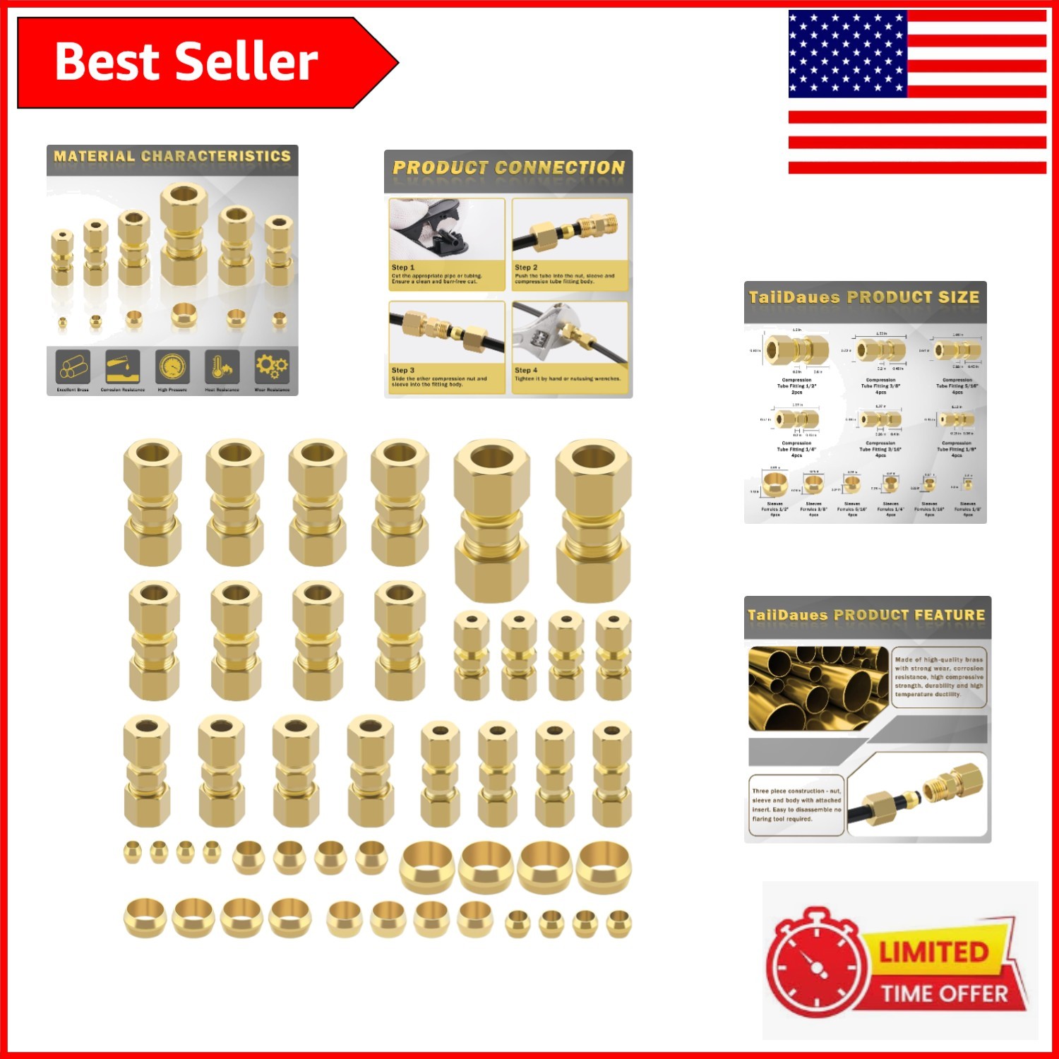 Durable 46-Piece Brass Compression Fitting Assortment for Easy Installations