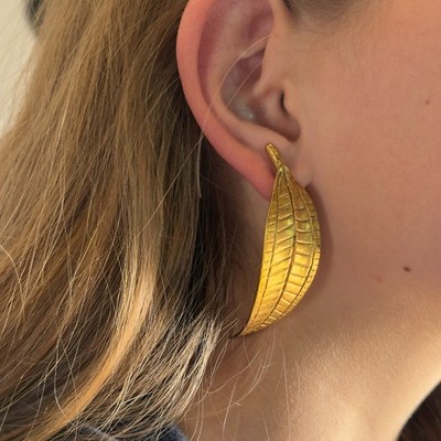 Gold Plated Leaf Statement Earrings   Organic Botanical Design   2.5'' Drop