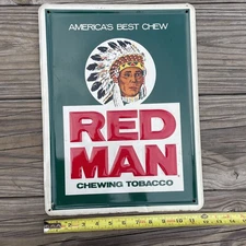 Beautiful Heavy Embossed Metal Red Man Chewing Tobacco Sign 12 x 16