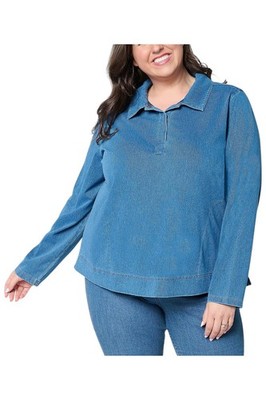 Denim & Co. Women's Comfy Knit Collared Popover Top w Pockets Med Wash