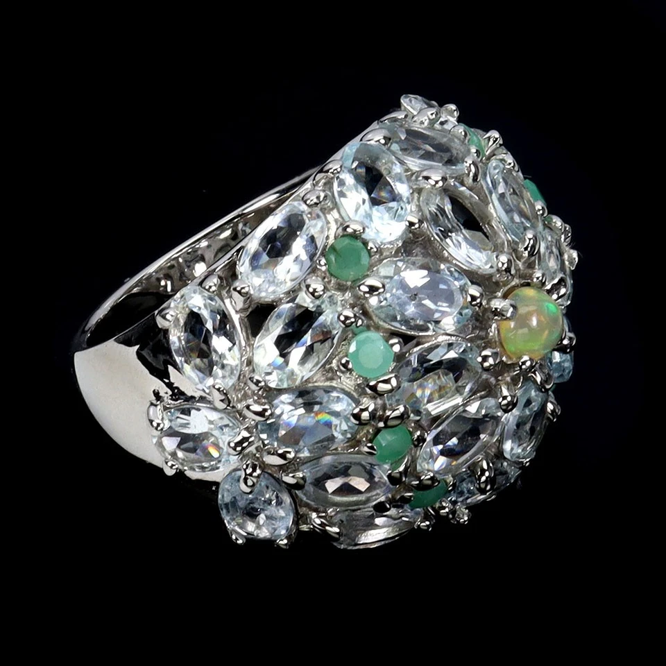 Anello In Argento Sterling 925 Acquamarina 6x4mm Opale Di Fuoco Gemma Gioielli - Immagine 3 di 4