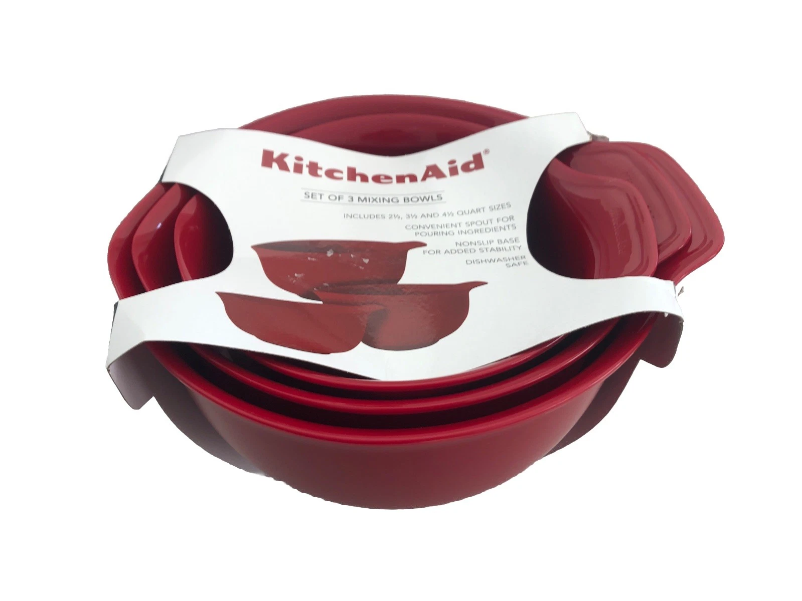 New KitchenAid Empire Red HERA 3 Mixing Bowls 2.5, 3.5, 4.5 Quart