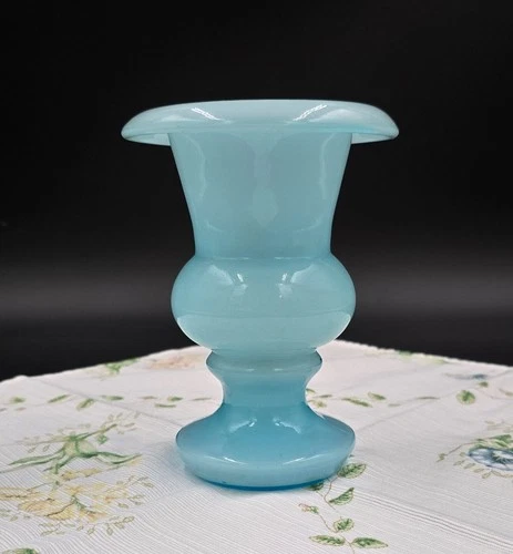 Fenton French Blue Opaline Rolled Top Vase – Hand Blown Art Glass – 6.5”