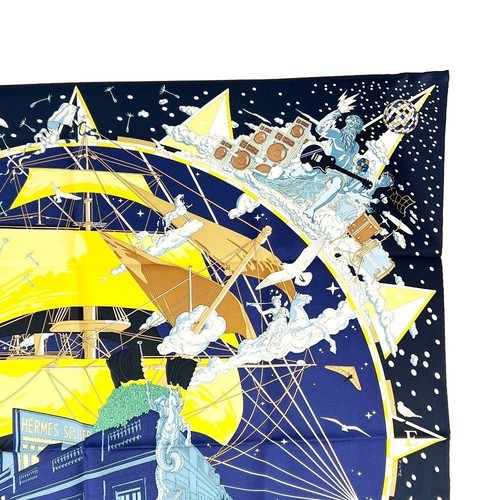 New Hermes Flagship Silk Scarf Carre 90 cm Marine Fonce Jaune BNIB w/Tag Auth - Picture 3 of 10