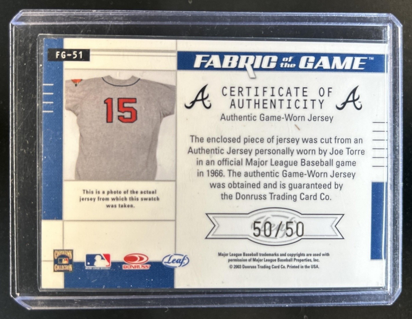 2003 Leaf Certified Materials Joe Torre Fabric of the Game Jersey #/50 Braves view 2