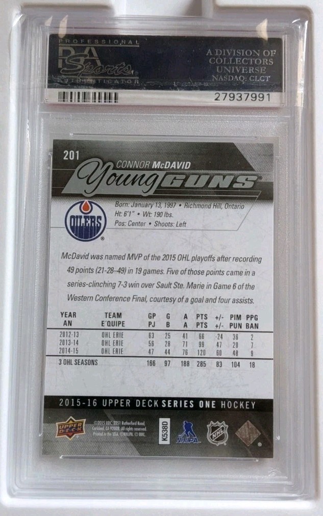 !!! 2015 UPPER DECK CONNOR MCDAVID YOUNG GUNS RC #201 PSA GEM MT 10 !!! view 2