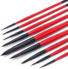 Transon Round Paint Brush Set 9pcs Synthetic Sable Hair for Acrylic 9PCS, Red
