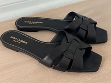 Saint Laurent Tribut Flat Black Leather Woman Strap Sandals Size 40,5