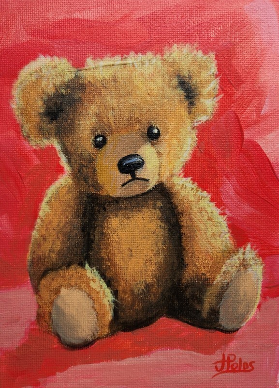 Original acrylic painting 5in x 7in of a Teddy bear. Painted on canvas board