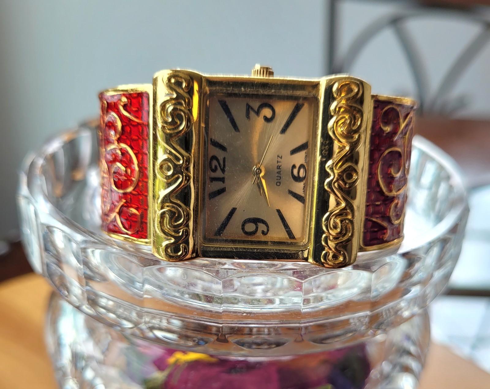 Gold Tone Red Bangle Cuff Quartz Rectangle Analog Dress Wristwatch