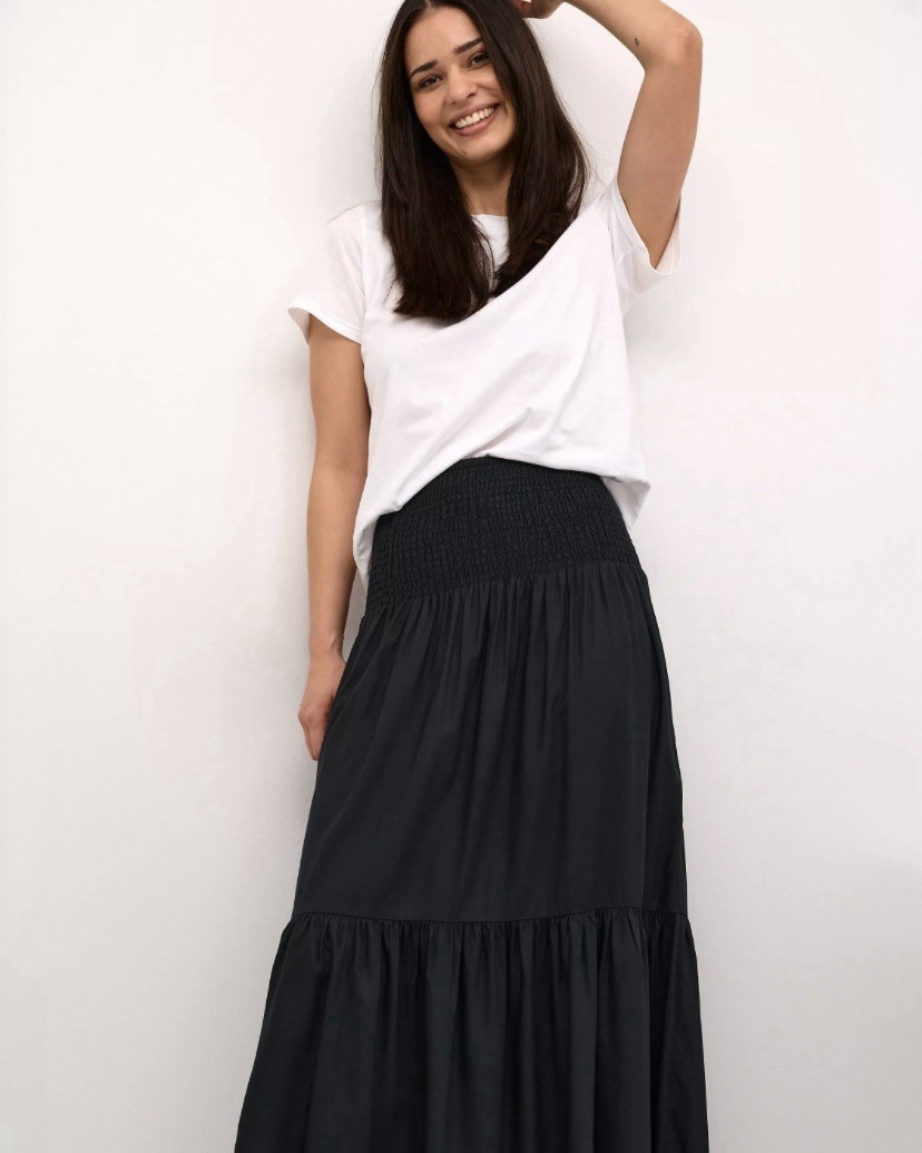 Black Solid Tiered Ruffle Maxi Skirt - Elastic Pull On Waist, Women’s XL