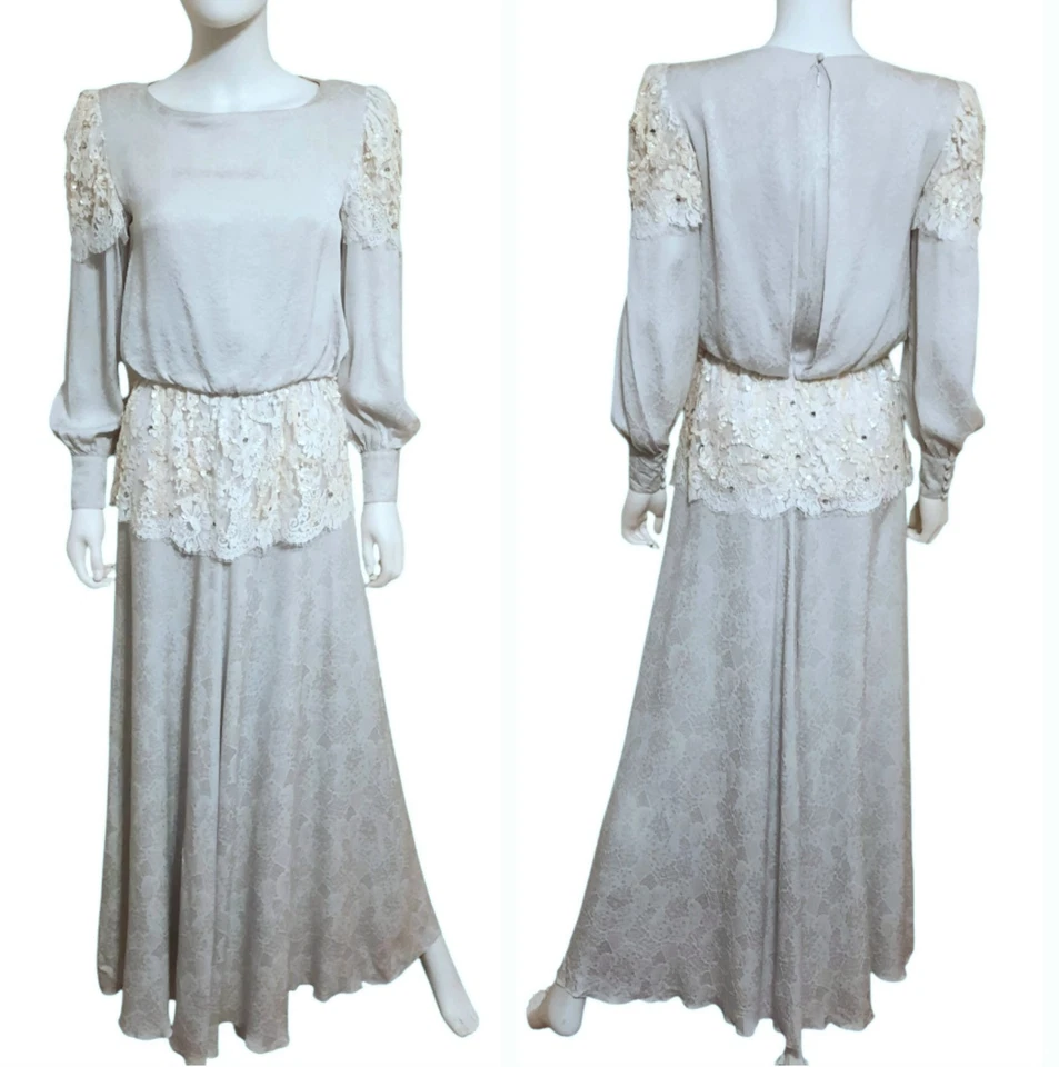 Vtg OLEG CASSINI Lace Trim Silk Long Sleeve Maxi Bridal Dress Lt Grey/Ivory Sz 6 - Image 2 of 4