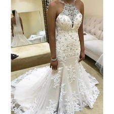Luxury Mermaid Wedding Dresses Halter Neck Lace Appliques Beaded Bridal Gowns