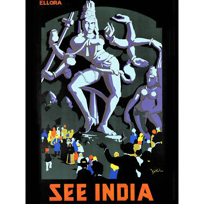 Ellora Caves India Dancing Shiva Statue Travel Advert Extra Large Art Poster