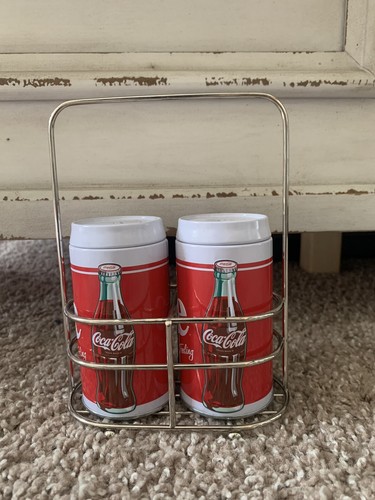 Coca Cola Salt & Pepper Tin Shakers With Metal Holder Rack 2012 - Picture 11 of 11