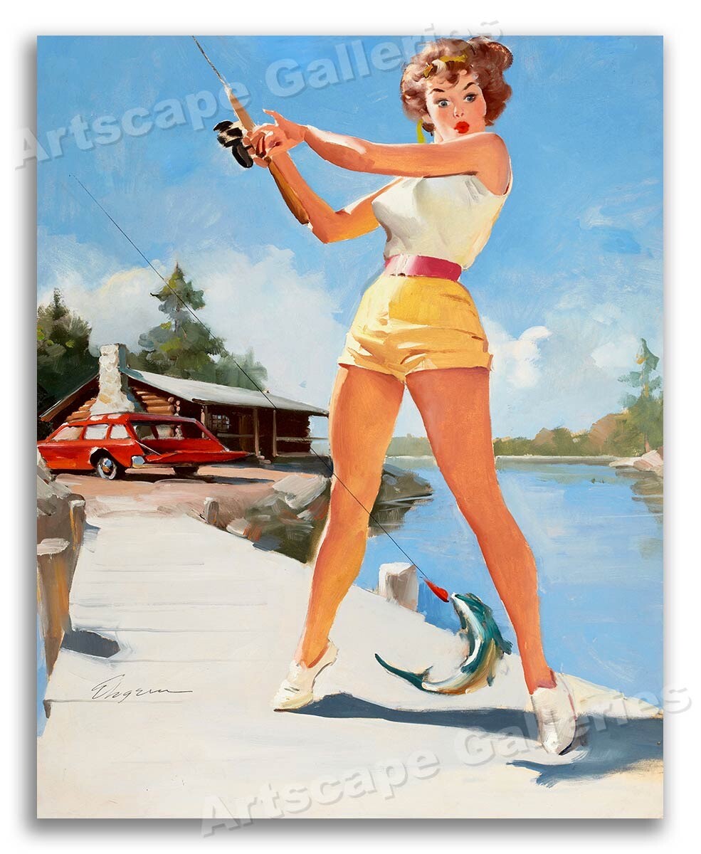 1960s Gil Elvgren Pin-Up Girl Fishing Vacation Poster 