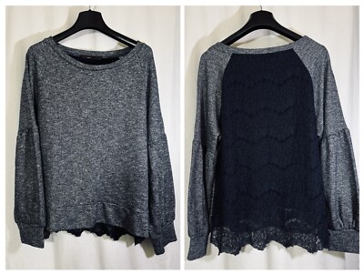 Anthropologie Azel Hazel Haze Lace Back 1/2 Balloon Sleeve Blue Top SZ Lg