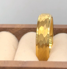 Yellow Gold Tungsten Wedding Band Hammered Finished Women's Ring Men's Band