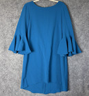 Nicole Miller Dress Women's 12 Teal Blue Crepe 3/4 Bell Sleeve Hi-Low Stretch