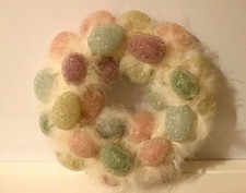 9" WHITE FEATHER EASTER/SPRING WREATH W/BEADED PASTEL EGGS