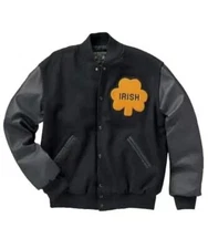 Irish Wool Varsity Jacket University of Notre Dame Rudy -Genuine Leather Sleeves