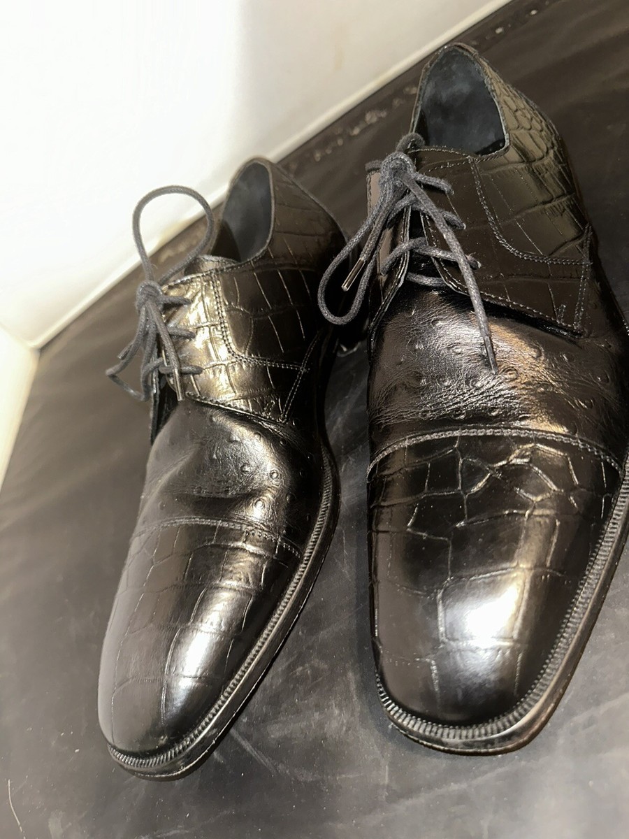 Paul Fredrick Oxford Shoes Mens 10 Black Ostrich Embossed Leather Made in Italy PAUL FREDRICK Cuoio Ostrich Embossed Leather Dress Shoes  main image 2