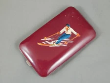 Vintage Art Deco Red Enamel Skier Skiing Rouge & Powder Compact Vashe