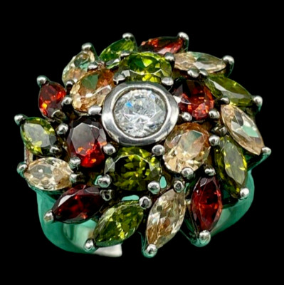 Damen Ring Blume 925 Silber Konzentrisch Mehrfarbig Rot Grün Gelb.