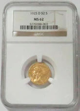 1925 D GOLD US $2.5 DOLLAR INDIAN HEAD QUARTER EAGLE COIN NGC MINT STATE 62