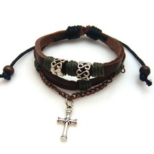 4030326 Christian Cross Religious Leather Bracelet Adjustable Size