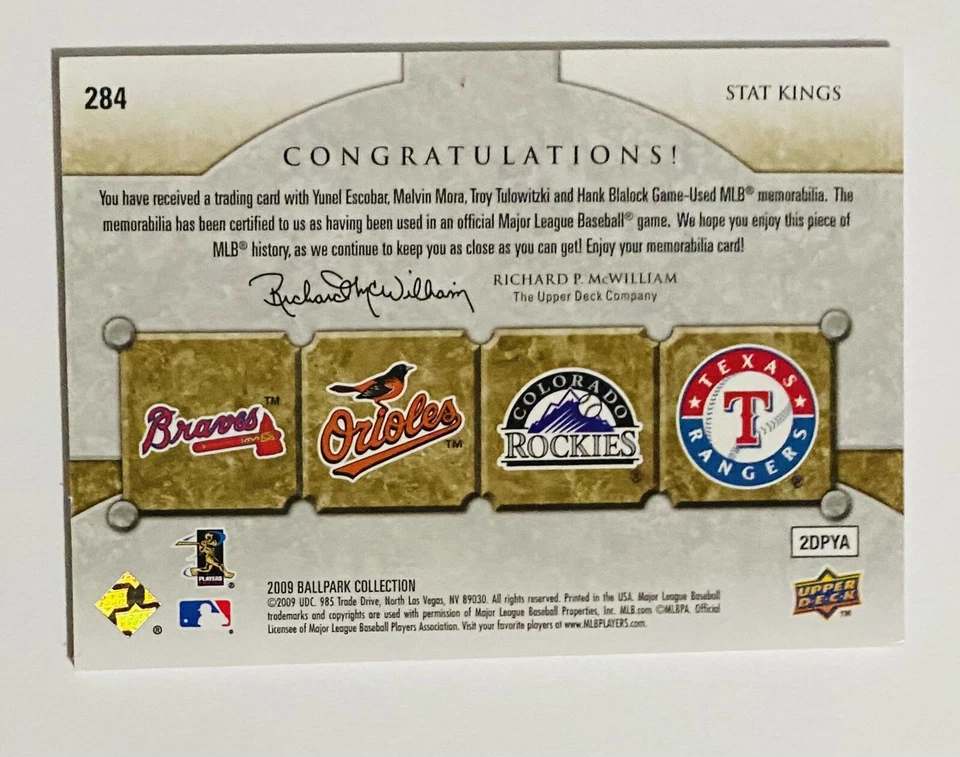 2009 UD Ballpark Collection Quad Swatch /500 Escobar, Mora, Tulowitzki & Blalock - Image 2 of 2
