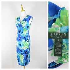 Lauren Ralph Lauren Womens Blue Green Floral V-Neck Sheath Dress Size 6 Formal