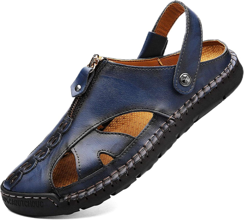 Men'S Casual Closed Toe Adjustable Leather Sandals Handmade Fisherman Beach Sand