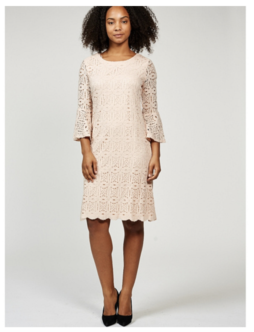 Ronni Nicole Blush 3/4 Bell Sleeve Medallion Lace Dress Scalloped Hem Size  10