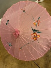 Bamboo Rice SilkyParasol Umbrella Pink Flowers Design Hawaiian Style VTG