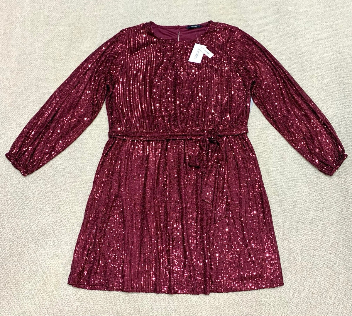 Womens George Burgundy Sequin Long Sleeve Belted Mini Party Dress Size 18